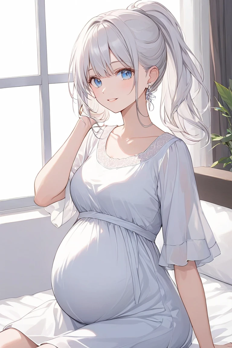 (A 25-year-old woman with long white hair in a white maternity dress 1.5),(ssmile,Blue eyes 1.5),(Left hand crossed waist,Touch the bulging belly with your right hand 1.7)Look down,8K resolution Ultra HD (hyper HD), filmed in dslr, Soft lighting accents, Demonstrate high artistry and quality, Features volumetric illumination and high-resolution detail, (4K, 8K), The background is blurred out.