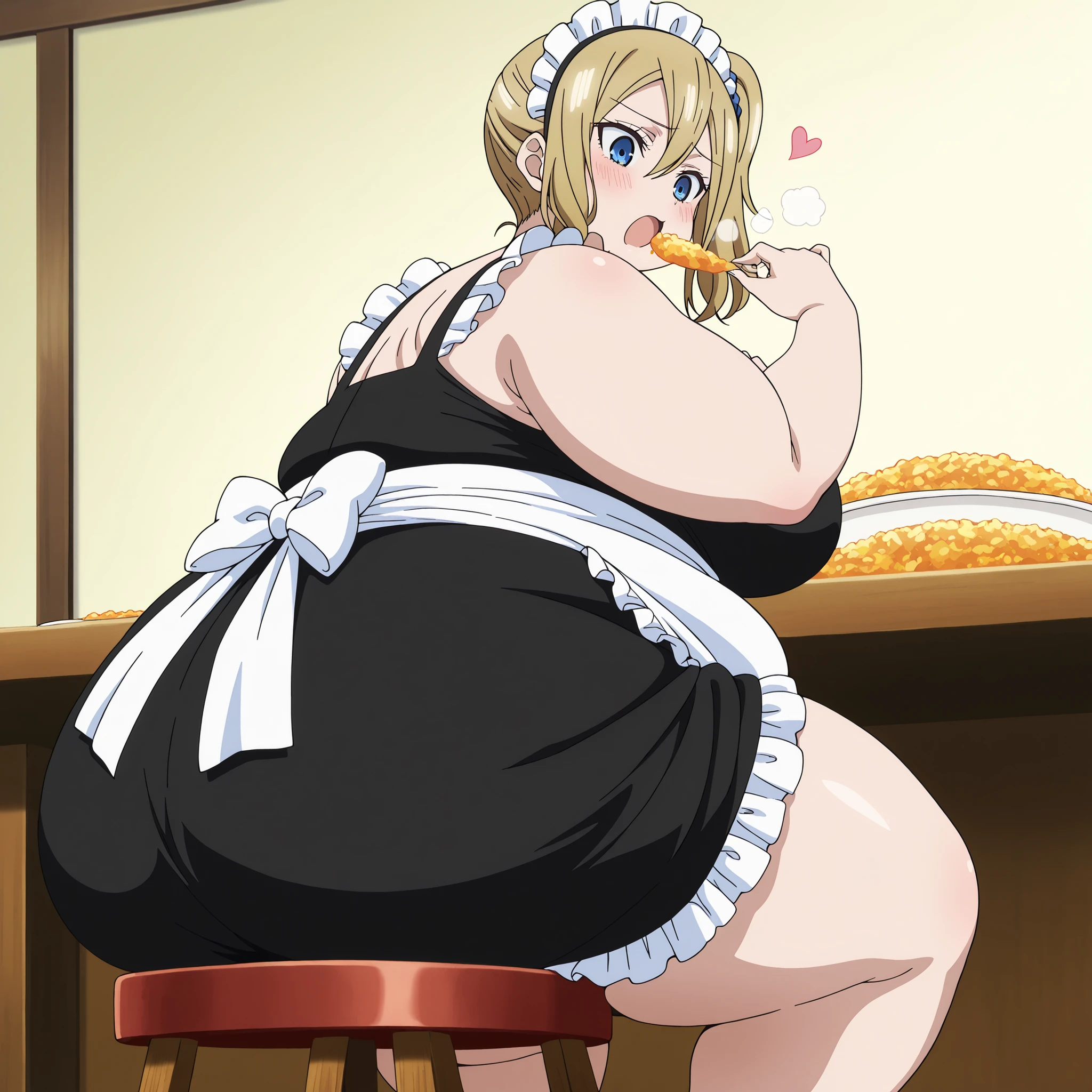 masterpiece, best quality, amazing quality,, 1 girl, solo, Hayasaka Ai, blond hair, blue eyes, , mature female, breasts, anime screencap,, , blush, wearing  maid costume, looking down, cowboy shot, , ,fat, chubby, obese, gigantic arms and legs, large breasts open mouth, out of breath, puffy cheek, , sitting on a stool, showing feet, eating food, in front of tones of food, table, food in mouth, from behind,  heart,