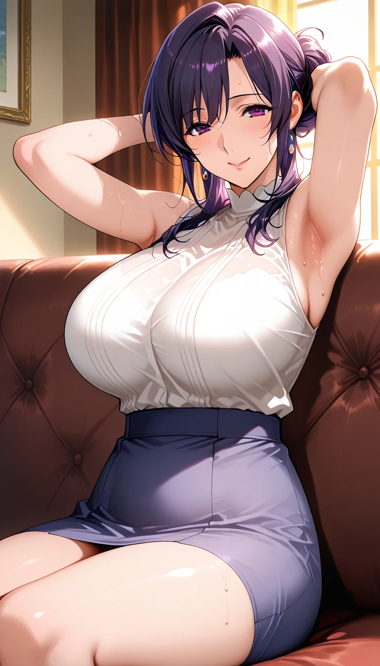 1girl, solo, purple hair, purple eyes, looking at viewer, large breasts, shirt, black hair, cleavage, short sleeves, pants, denim, v arms, breasts squeezed together, jeans,
