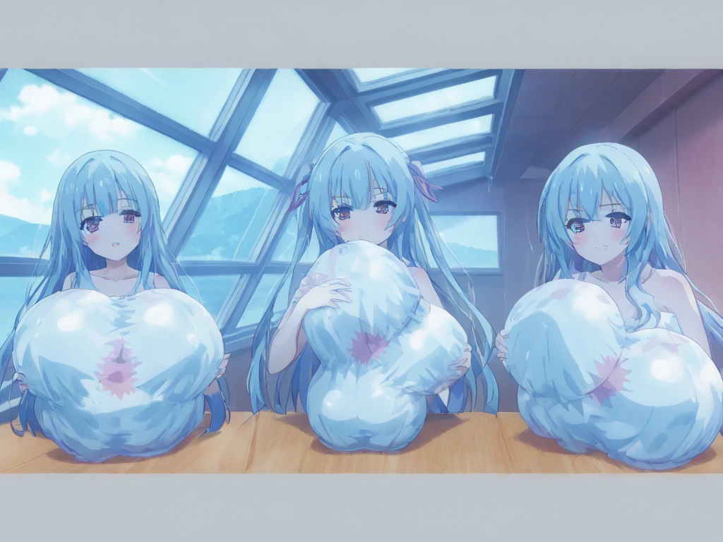 masterpiece, nsfw, blue slime, (upper body:1.6), looking at viewer, (slime girl:1.4), blue hair, blue eyes, large breasts, navel, (blue skin:1.3), slime body, muddy body, transparent body, plump, nude, colored skin, mature girl, smile, (6+girls:1.5), (crowd:1.5), (flood of slime), (bathing), kneeling, leaning forward, spawning from slime, hanging breasts, float on slime, harem, orgy, (depth of field), (shared bathing), (ocean), beach, (simple background:1.2).<lora:solldane:1>