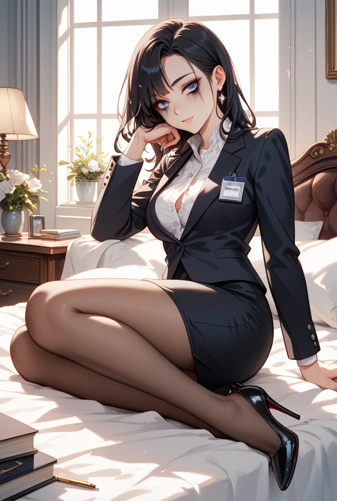 masterpiece, high resolution, beautiful woman, Korean Beauty, 30 years old, black sleeve less turtle neck long sleeve, mini pencil skirt, beautiful woman, night hotel, looking at me, (high resolution face), (high resolution eyes), black hair, purple eyes, neckless