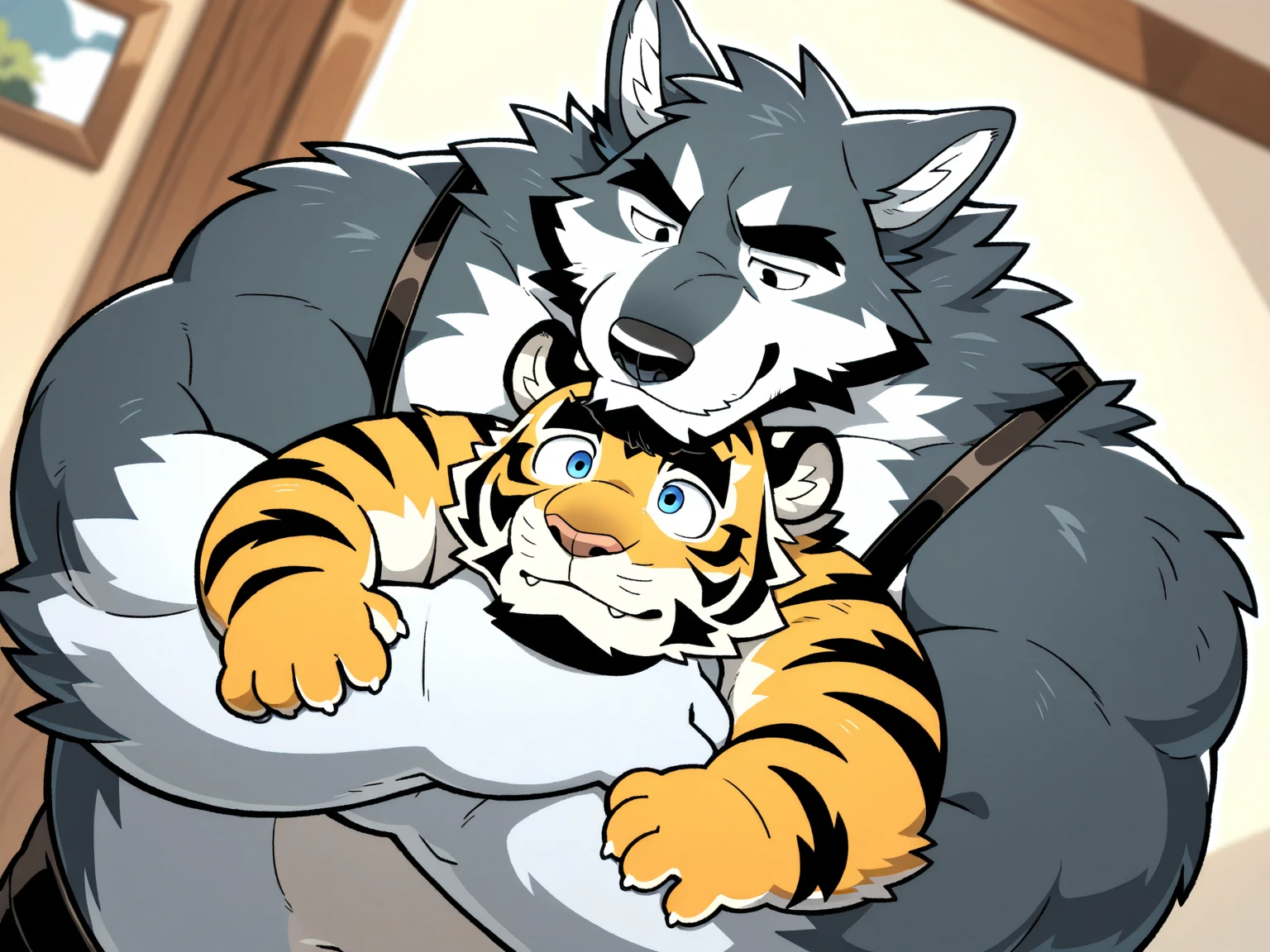 a lobo mating with a tiger, furry,detailed fur, tail, plump,fat plump, naked, dick, penis, raised paws, extremely detailed wolf anatomy, detailed anatomy, animal anatomy, highly detailed detailed, fur textures, dynamic pose, cute, 1 wolf, 1 tiger, intricate details, action pose, action perfect, motion blur, powerful, majestic, .by glitter trap boy, by hyaku