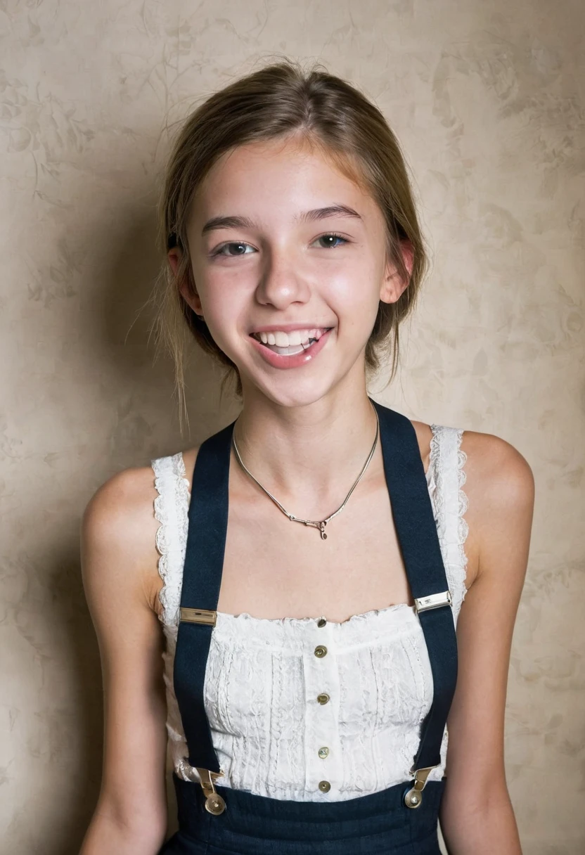 12 year old girl with medium length brown hair, children's pigtails hair, Caucasian facial structure, a beautiful smile on her face and a deep look, she in a short tight red dress, bare shoulders, visible nipples, marked nipples, she in an apartment, full body view