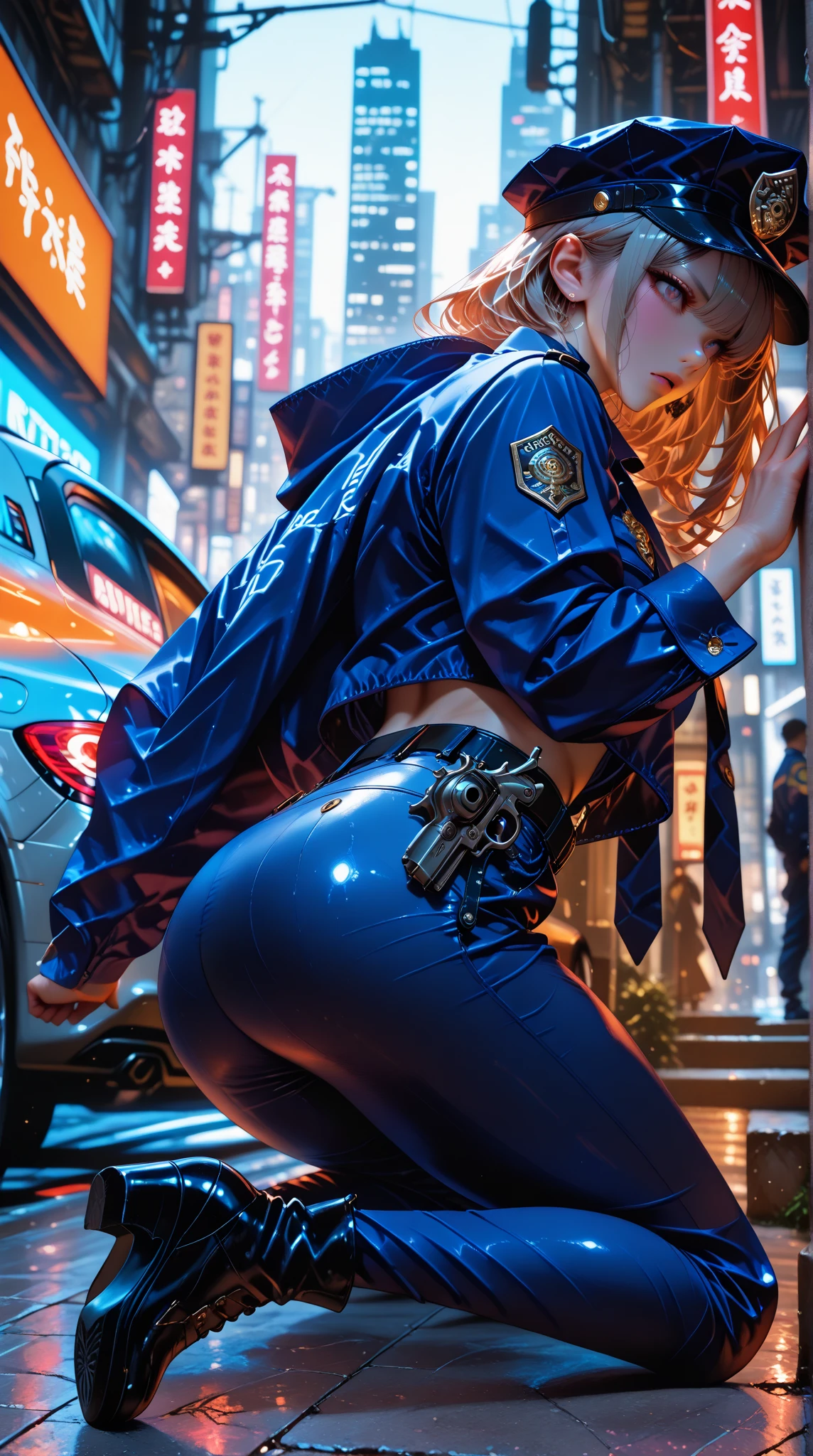 Woman, Reality, (Berets), (Headphones), (High-Fork Tights, Police Uniform, Police Logo) (Pantyhose), (Lips slightly open, light smile), (Shiny skin: 1.1), Blush, (Looking at the audience), (Bodybuilding), (Full Body), Masterpiece, Highest Quality, High Resolution, Absurd, Realistic
