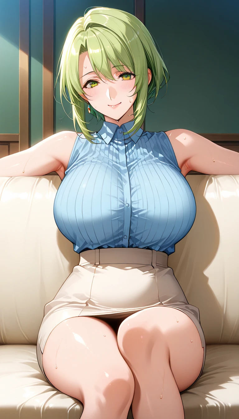 Cute girl, short light green hair, big breasts, blue dress,