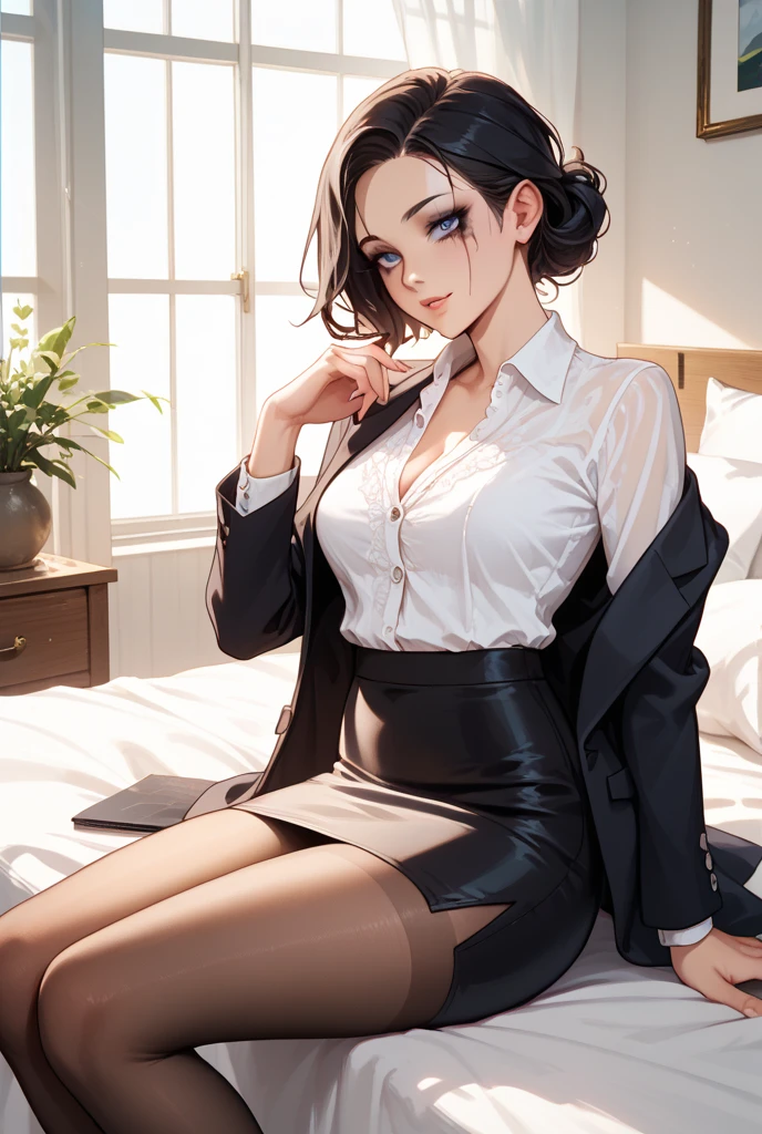 1 female teacher, Night, cabelos preto e longos, Office Uniform　, pencil skirts, Home, Wet, lying on bed　sexy underwear　Chest Emphasis Pose　Wheezing