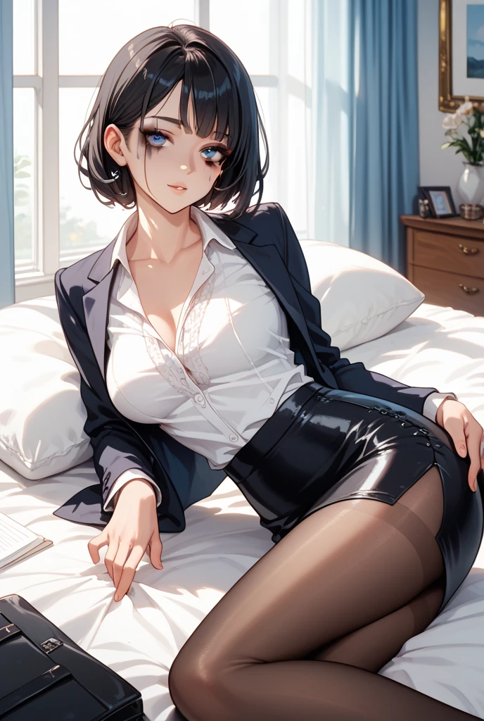 highest quality, Flying debris、Beautiful woman、officeレディー、Black Hair、(Brown eyes、Big Breasts)、short hair、チェック柄のダークブルーのofficeスーツ)、new employee,Full Body Shot、Female office lady、break(Dark blue checked vest、White dress shirt、Navy blue mini tight pencil skirt:1.2)、(Black knee-high、Absolute area、High heels)、break(office:1.3)、Cleavage、Unbutton your shirt、blush、Embarrassed、Troubled face、The skirt is torn、Standing posture