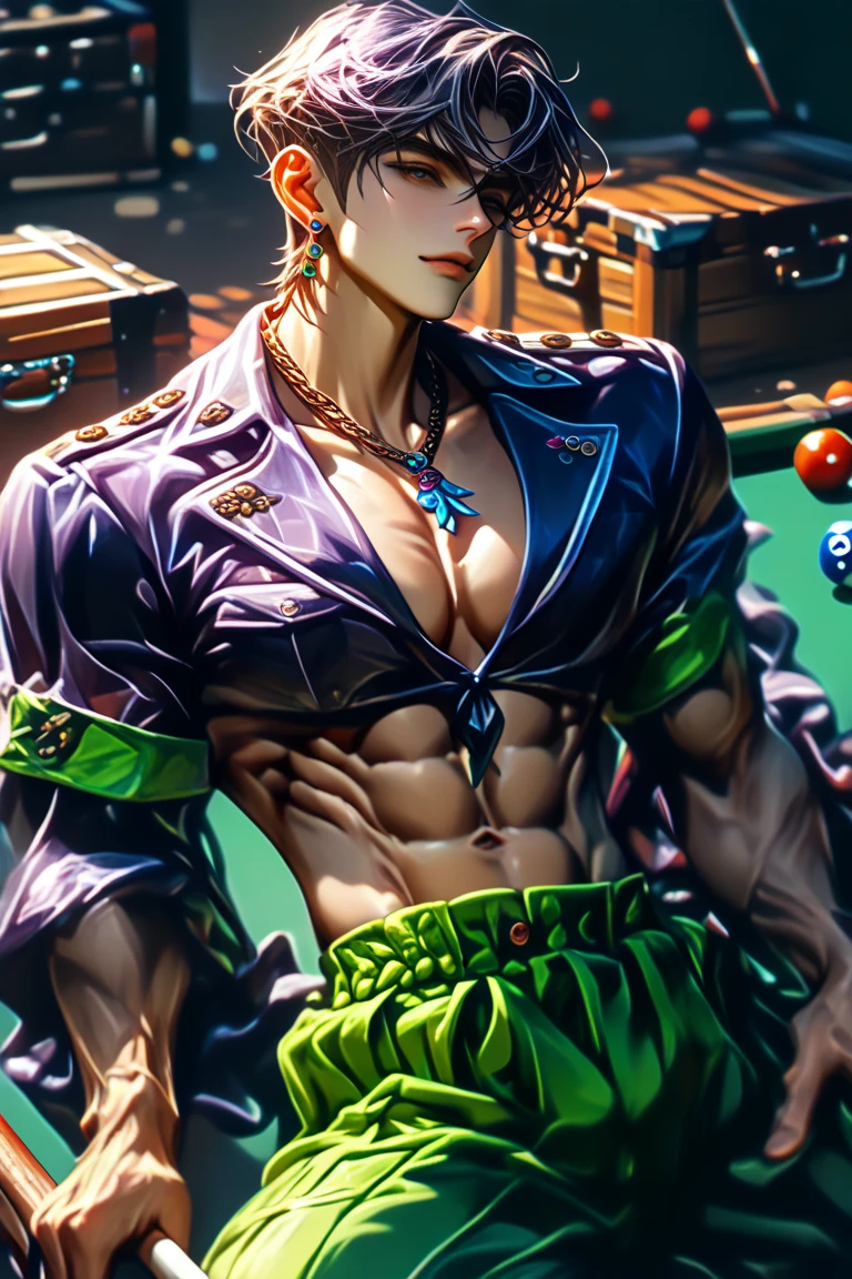 male、18age、A blank face、Clown style、Slicked back hair、My hair is stuck to my skin、Green Hair、A jacket that gives a glimpse of your chest、Full body tattoos、Tattoo on chest、Tattoos on the face、Tattoo on arm、funny Face、