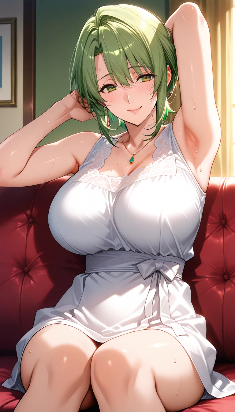 Girl with short green hair, Small breasts, Green Eyes, White Casual Wear Beauty Special、(((tits))),Full body photo from head to toe、Licking one's lips、excited、Sweet gestures、、Alluring face、Sensuality、lure、Taunt、sitting、On all fours
