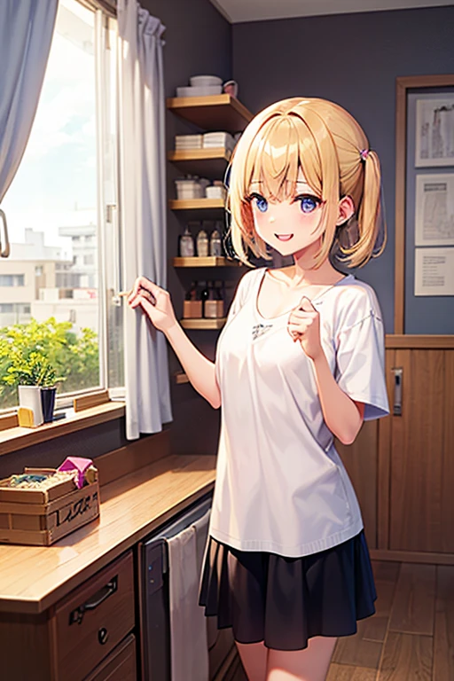 Anime, 2d anime, cartoon anime, detailed illustration, dynamic angle, ultra-detailed, illustration, full body shot, 1girl,  1950’s stay at home wife, button up blouse and long skirt, anime half closed eyes. A knowing smile, standing in kitchen, domestic goddess, blonde white American woman
