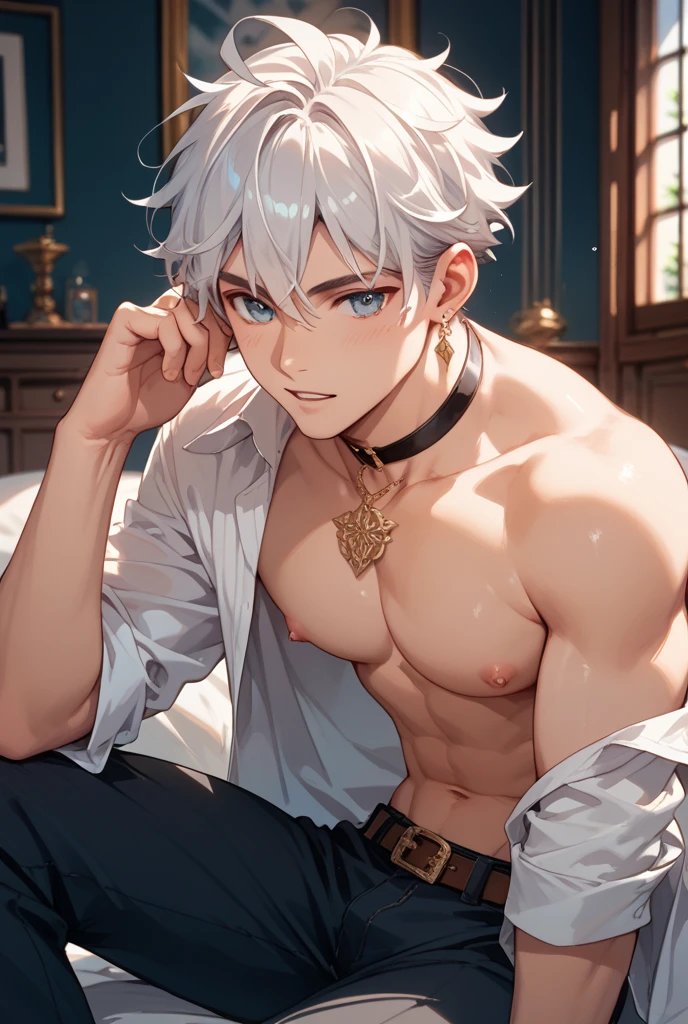 horny boy, male,Muscle tissue发达, very short gray hair, wolf ears,wolf tail,blue eyes, White skin, physical education students,love , Muscle tissue,abdominal muscles,take off your pants, shy expression, Sexy, Lying in bed,top view,Blushed,collar,Hands are tied,