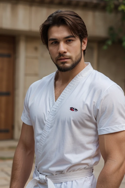 a picture, a handsome, Full body portrait of an attractive man, 8K, musculature, beautiful faces detailed, cool expression, muscular long legs,, bare-legged, Detailed muscular physique, a picture, (masterpiece, top-quality, top-quality, Official art), Stick out your fist, Large and dynamic movements, Photorealistic depiction,20yr old, Toned waist, White Karate Uniform, Karate Belt, White karate pants, Accurate depiction of details, Perfect skeleton, Look straight at your audience, sharp gaze