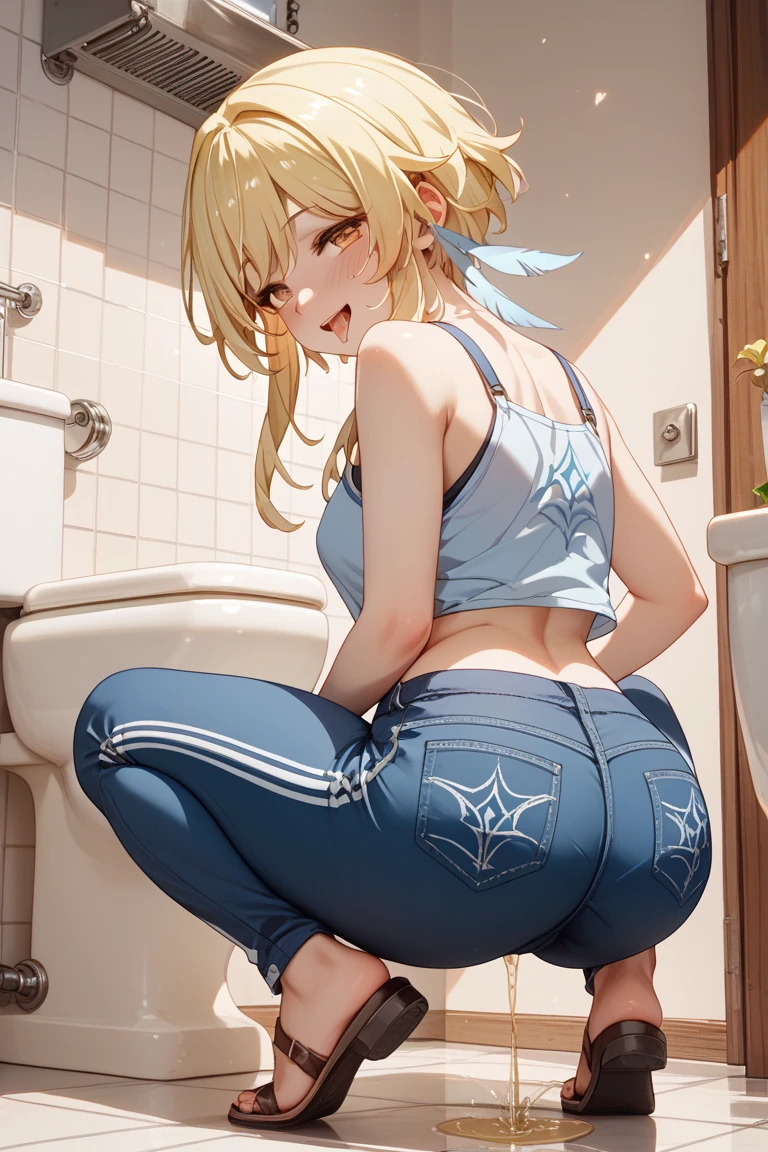1 blonde girl with blue eyes, bending over a wooden table, wearing a light blue t-shirt and yellow panties