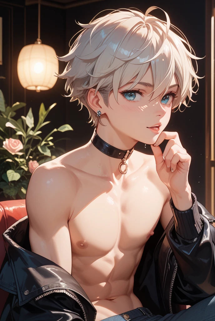 1boy, neko, cute face, innocent face, hazel eyes, cat ears, cat tails, white hair, pink highlights, sexy, thin body