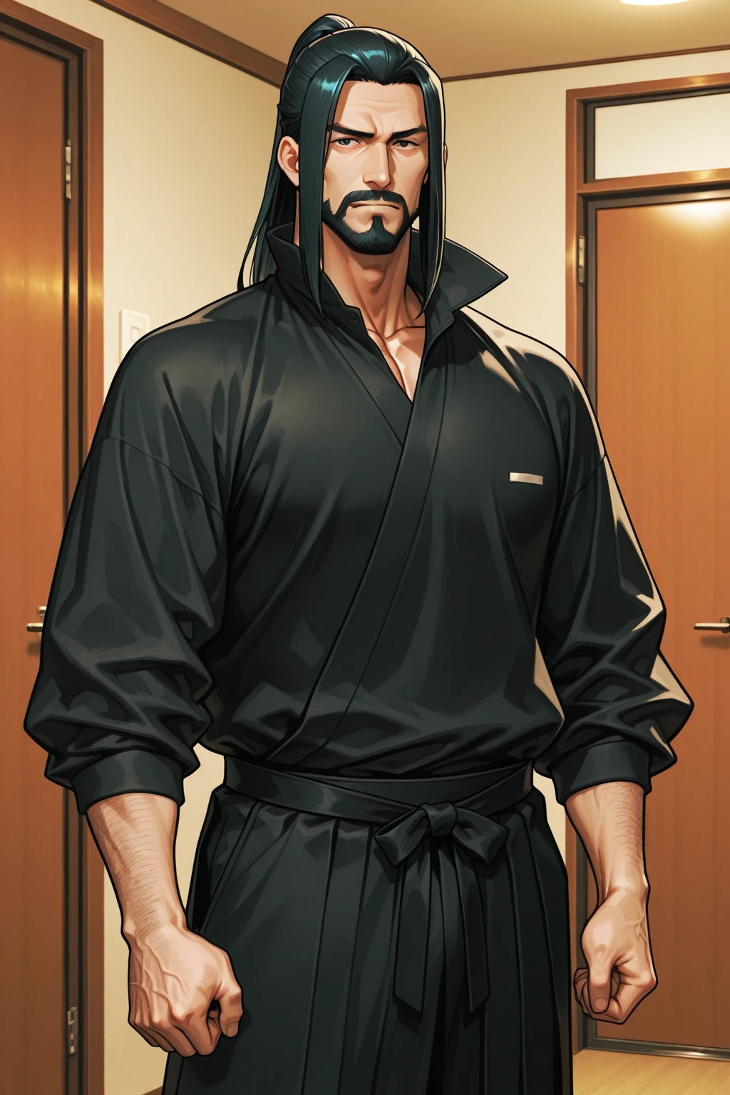 black Bathrobe bajama, 2.5d, 3d shading, character design, game art, game character, mobile game.