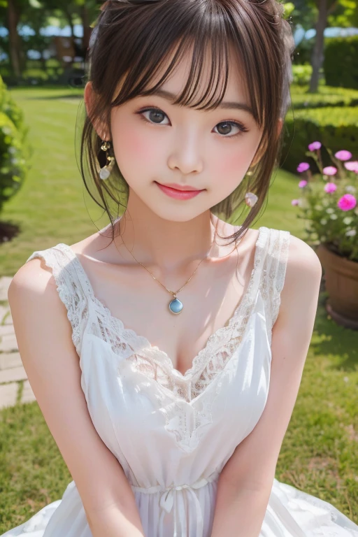 A girl wearing a refreshing, transparent sky blue floral summer dress, Golden ratio of beautiful breasts and slender body, Ultra high definition, Perfect description, Smile shyly, An off-the-shoulder summer dress that shows off beautiful white skin, Summer dress with lace frills, Realistic, 8K Photorealistic:1.5, Soft lighting, detailed, Real Full HD, Ultra-high resolution, 16k raw photos:1.5, A refreshing tropical breeze blows,