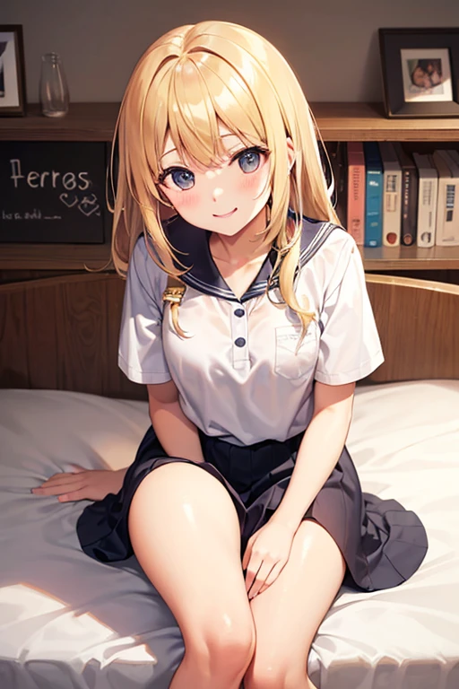 One person！！、Baby Face、、smile、human、6 year old girl、Long Hair、Blonde！、With bangs、small、1st grade elementary school students、Big eyes、barefoot、black eye、cute、Are thin、凄くsmall胸、身長のsmall、体のsmall、Short legs、pajamas、Night view、Bedroom、bed、Bare Skin、Show the whole body、((Lying down))、