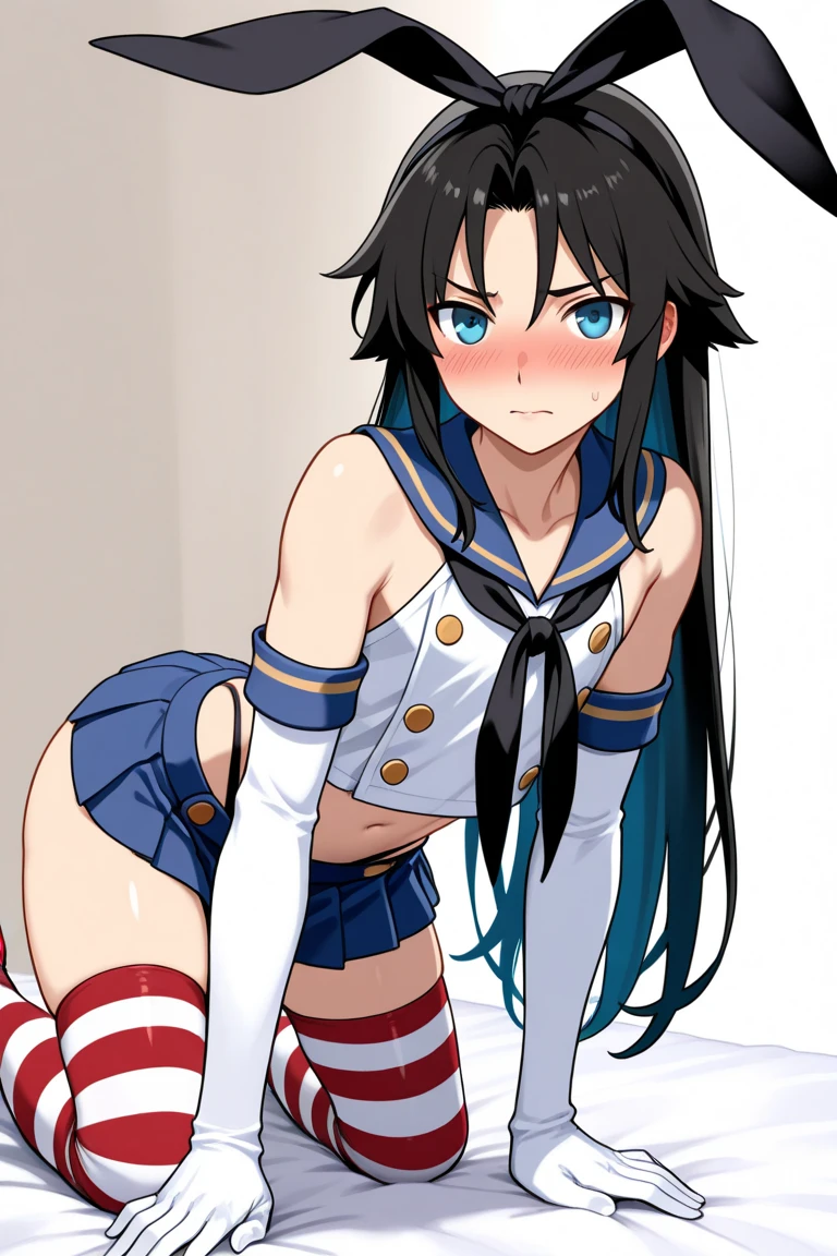 highest quality, masterpiece, High resolution, 一人in, {samidare_Fleet Collection:1.15}, (青hair), 長いhair, blue eyes, とても長いhair, 前hair, serafuku, sweep_前hair, No sleeve, smile, Slope_hair, Open_mouth, blush, colorful_hair, 1 girl, elbow_gloves, gloves, looking for_in_viewer, School_uniform, Thighhighs, black_Thighhighs, skirt lift, panties, bra, White underwear, flashy underwear, classroom background, squat,,((nsfw))