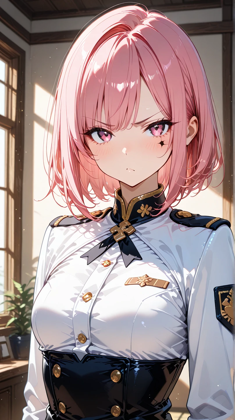 1girll, Single person， (Masterpiece:1.1), (Best quality:1.1),  Break [Blue:Pink:0.5] Theme, Cowboy shot,Cinematic light， The upper part of the body，Positive perspective，Pink long single ponytail，Exquisite facial features，Amber eyes, white hair ribbon，golden headdress，White top，Military uniform tops，Pink epaulettes，Pink miniskirt，White mid-tube boots，Pink over-the-knee socks，standing on your feet，beckon，Castle background