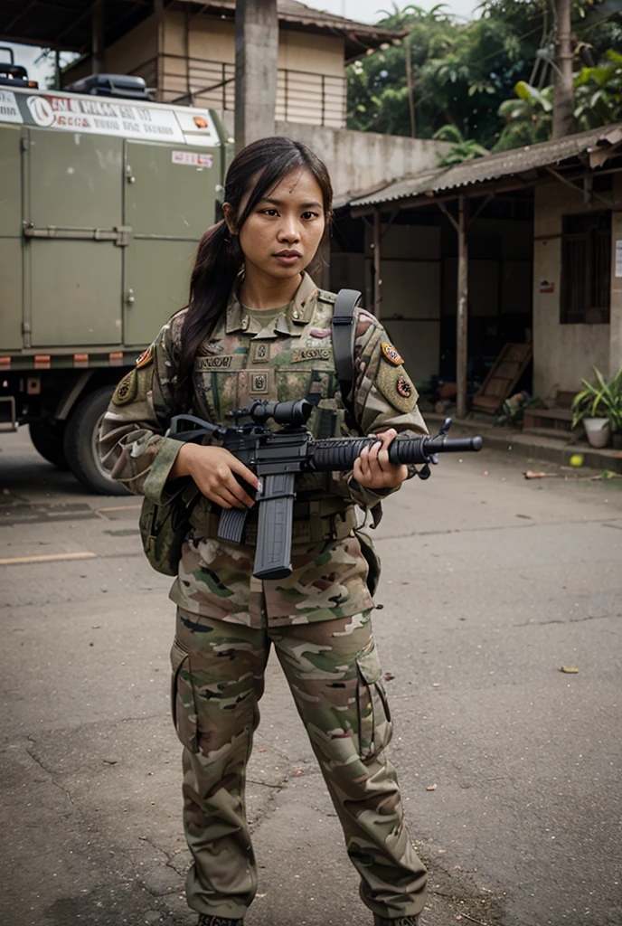 Masterpiece, beautiful 20 year old Indonesian woman in student uniform holding AK47 rifle, long hair, slim athletic body, detailed eyes, proud Indonesian female student, portrait of female student, female student portrait, beautiful female student, Indonesia, about a sniper girl in the war, holding a rifle AK47, holding a rifle, arms folded, portrait of a female city guard, standing in the middle of the city, portrait taken from below, portrait taken, by Arthur Sarkissian, face full of determination, with an AK47 rifle, with an AK47 rifle in hand, very high resolution .photorealistic: 1.4, UHD, beautiful city background,.