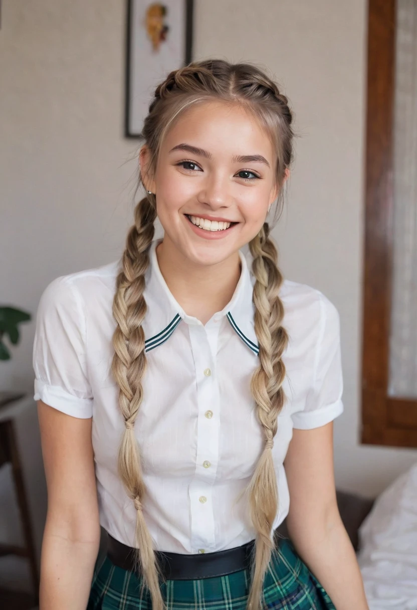 (Best quality,Realist),Girly Face,20 years,(Practical,photo-Practical:1.37),1 Girl,Beautiful young girl,,whole body,With a cute face and light eyes. Her long blond hair was tied into two cute little braids, Makes her look young and lively. She has natural beauty,Exudes a pure feeling. The focus of the image is the girl's facial expression, Capture her charm and charisma,White girl with twin ponytails,Sweet smile,(((sit在大学教室的座位上)),Wear a sexy short skirt,Overlooking,Big breasts, Wearing sexy clothes, Big Ass, 照片由whole body拍摄, sit,University Classroom Background