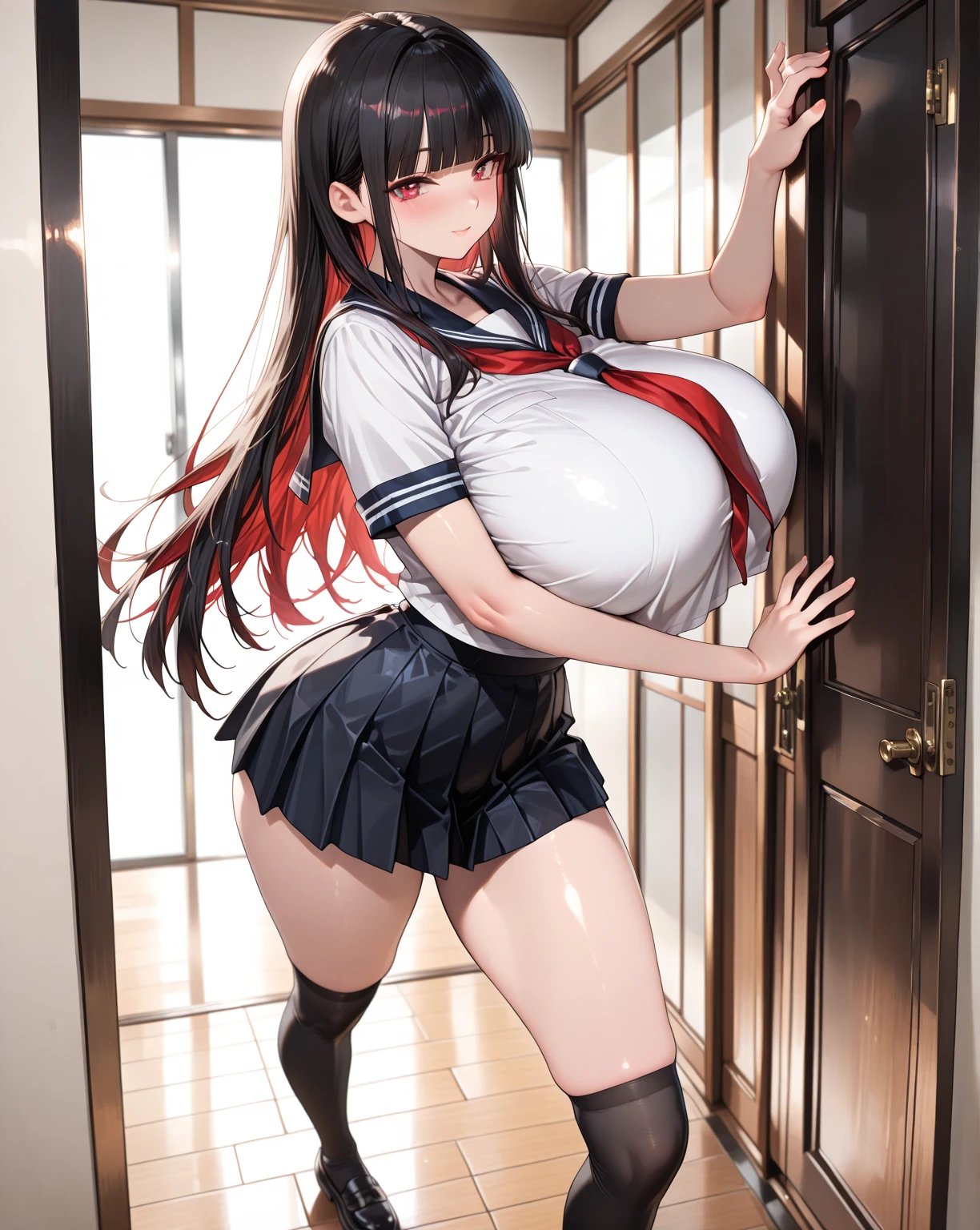(full_body)、Woman、red_background、(big_breasts:1.5)、white_nurse