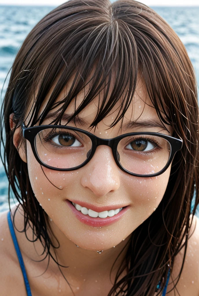 <lora:school_yearbook_photos:1>, school yearbook photos, background, portrait,
1girl, beach, bikini, breasts, brown hair, female focus, glasses, long hair, navel, ocean, outdoors, smile, solo, swimsuit