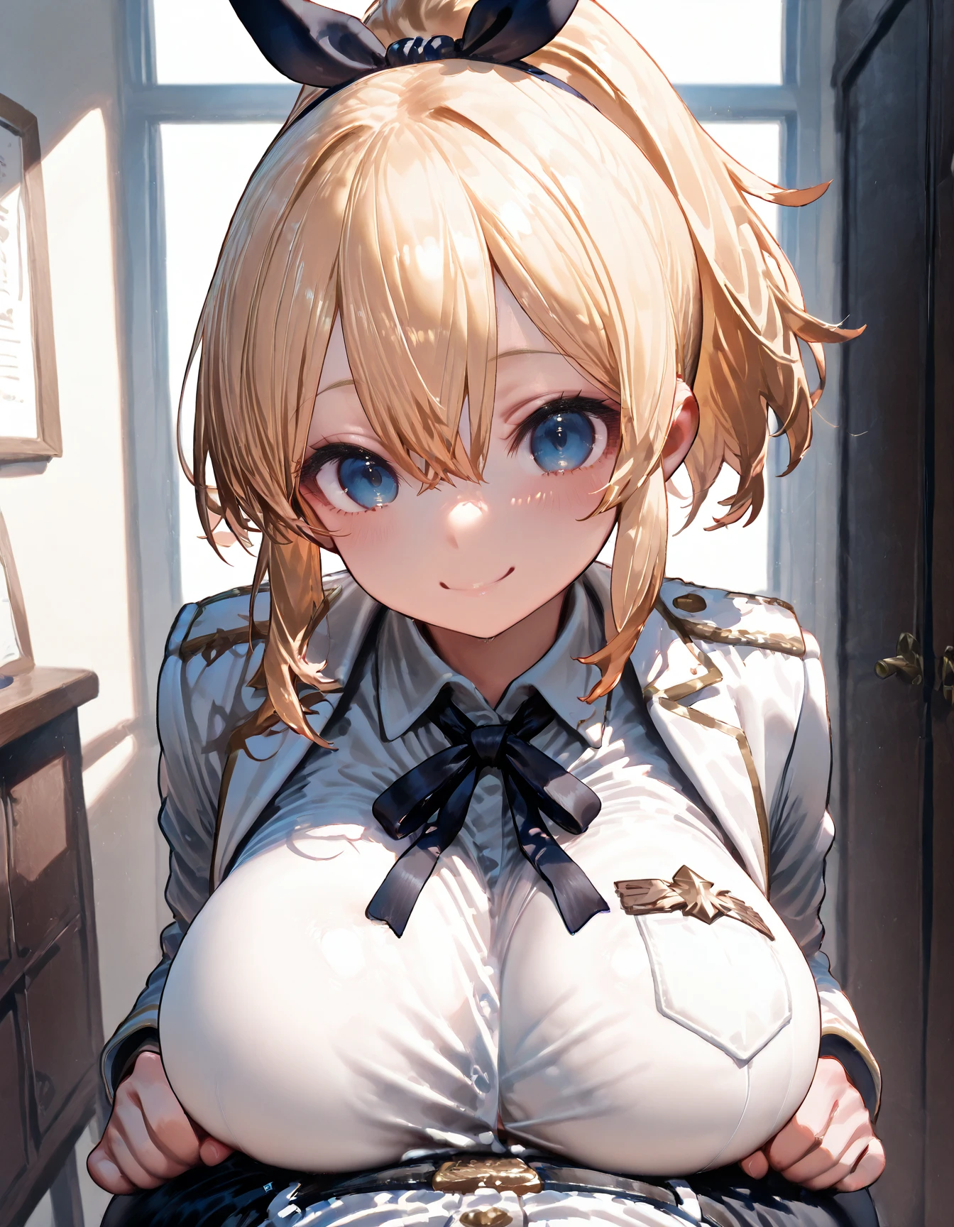 portrait of girl,alone,beautiful detailed face,Upper body,hair above one eye,medium side cut, blonde hair, sharp focus,black business suit,huge breasts,Narrow waist,blowjob,stick out tongue,detailed tongue,Detailed dick,blush,Lick your dick,thick tongue,fella,detailed white semen