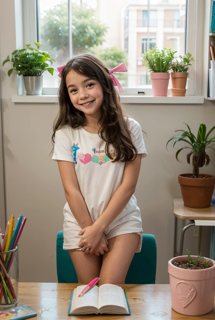 Make her a realistic real life look alike photo. ??? around 8 years old, blue eye but white long hair, with pink tshirt (pretty) is written on her tshirt, and shorts jeans and black shoes with white stripe on the side