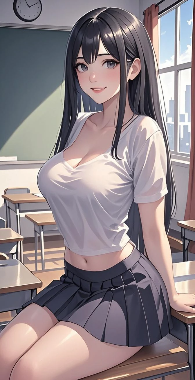 Close up shot, cute, sexy eyes, eyeliner, intense eye contact, small nose, dark lipstick, full lips, (group of sexy women:1.2), sitting on desks, classroom, 