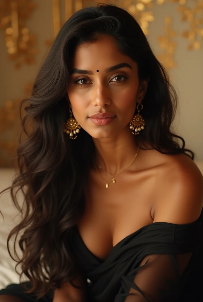 best quality,4k,8k,highres,masterpiece:1.2),ultra-detailed,(realistic,photorealistic,photo-realistic:1.37)hot girl  ,  tan girl, with attractive facial features,beautiful detailed eyes,beautiful detailed lips,extremely detailed eyes and face,longeyelashes,tan skin tone and wearing saree which is (black) in colour and covering her whole body and not exposing her body too