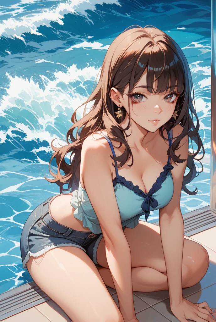 ((Masterpiece)), ((best quality)), (High Definition:1.3), (Professional Photography:1.2), from above, best quality, 8K, (Glossy skin), (Salute posing:1.3), (Spread your legs apart), cinematic lighting, 1girl, wide-shot, (Luxury front-knotted shirt:1.3), cleavage, exposed neck, no bra, (open-necked shirt), (Cute innocent teenage girl), slendar body, (flat chest), glossy medium hair, ((Braided bangs)), (Wearing tutu skirt), :d, beautiful collarbones, (exposed stomach), cat ears, pale brown hair, (the heavenly sanctuary), Beautiful and clear waterside, (Hair that flutters in the wind),
