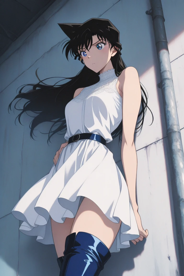 1girl, solo, boots, eyewear on head, black hair, dress, high heels, sunglasses, short dress, long hair, looking back, breasts, ponytail, nico robin, legs,medium_breasts,sideboob