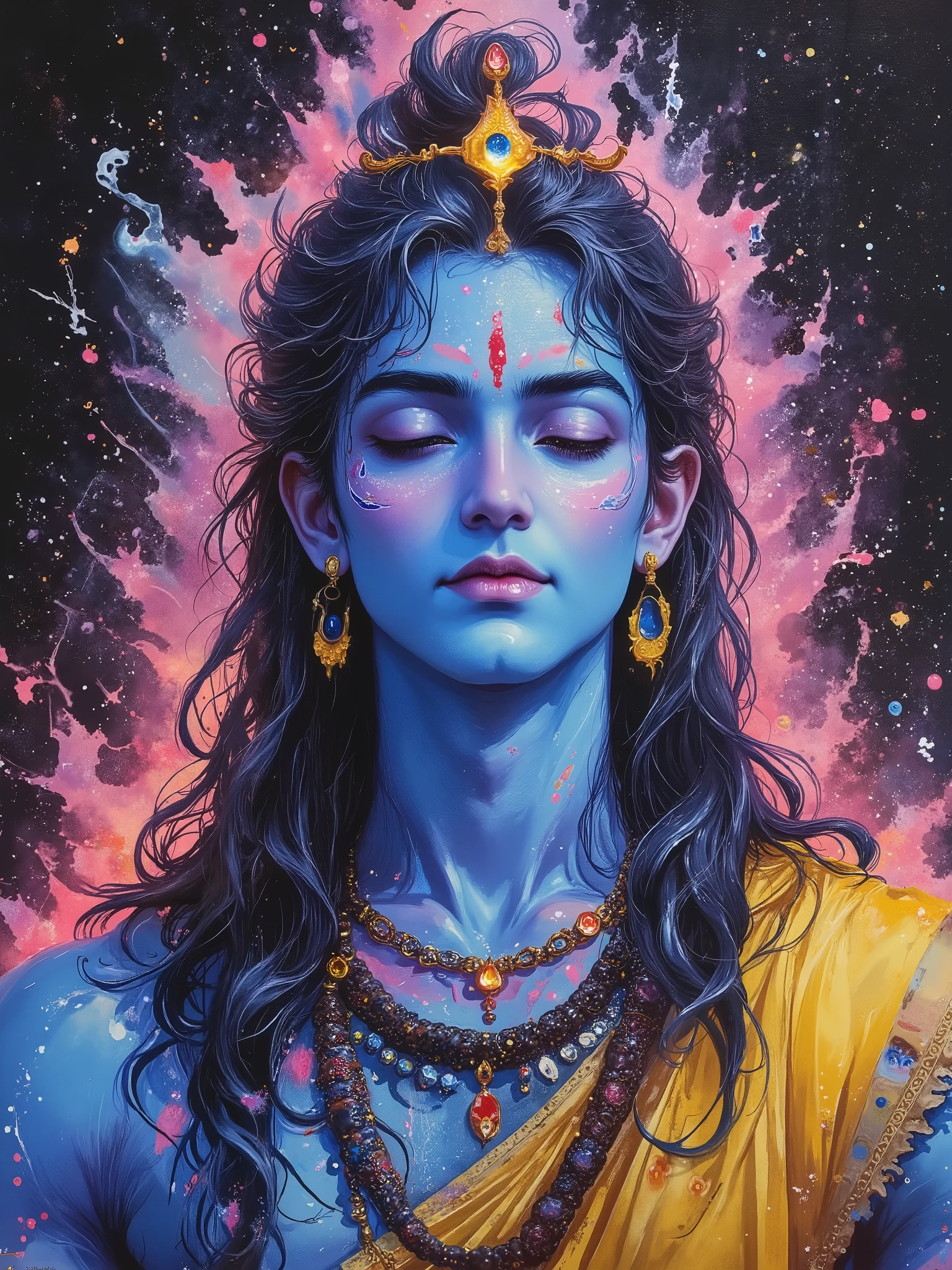 3/4th front facing, head up, closed eyes, portrait of very handsome and cute Lord Shiva in neo-expressionist oil painting style ((he has black matted long hair flowing straight down, wearing yellow robes, holding a trident/trishul, blue skin tone)), ((a snake in neck)) . Thick impasto brush strokes and heavy texture. Color palette: soft pinks, magentas, spiritual whites, with deep black and crimson accents. Three parallel horizontal line iconic shiva tilak on forehead.Half-closed eyes in deep trance. Glowing third eye on forehead. Bold white vibhuti smeared across forehead and cheeks. Flowing abstract jata blending into cosmic shapes, with crescent moon and Ganga in white streaks. Divine, serene expression with emotional intensity. Vertical and horizontal brushstroke trails. Dark abstract background with chaotic blend of pink, white, and black—like modern spiritual graffiti. neo-expressionist portrait, impasto oil texture, devotional modern art, mythological abstraction, --ar 3:tyle raw --v 6