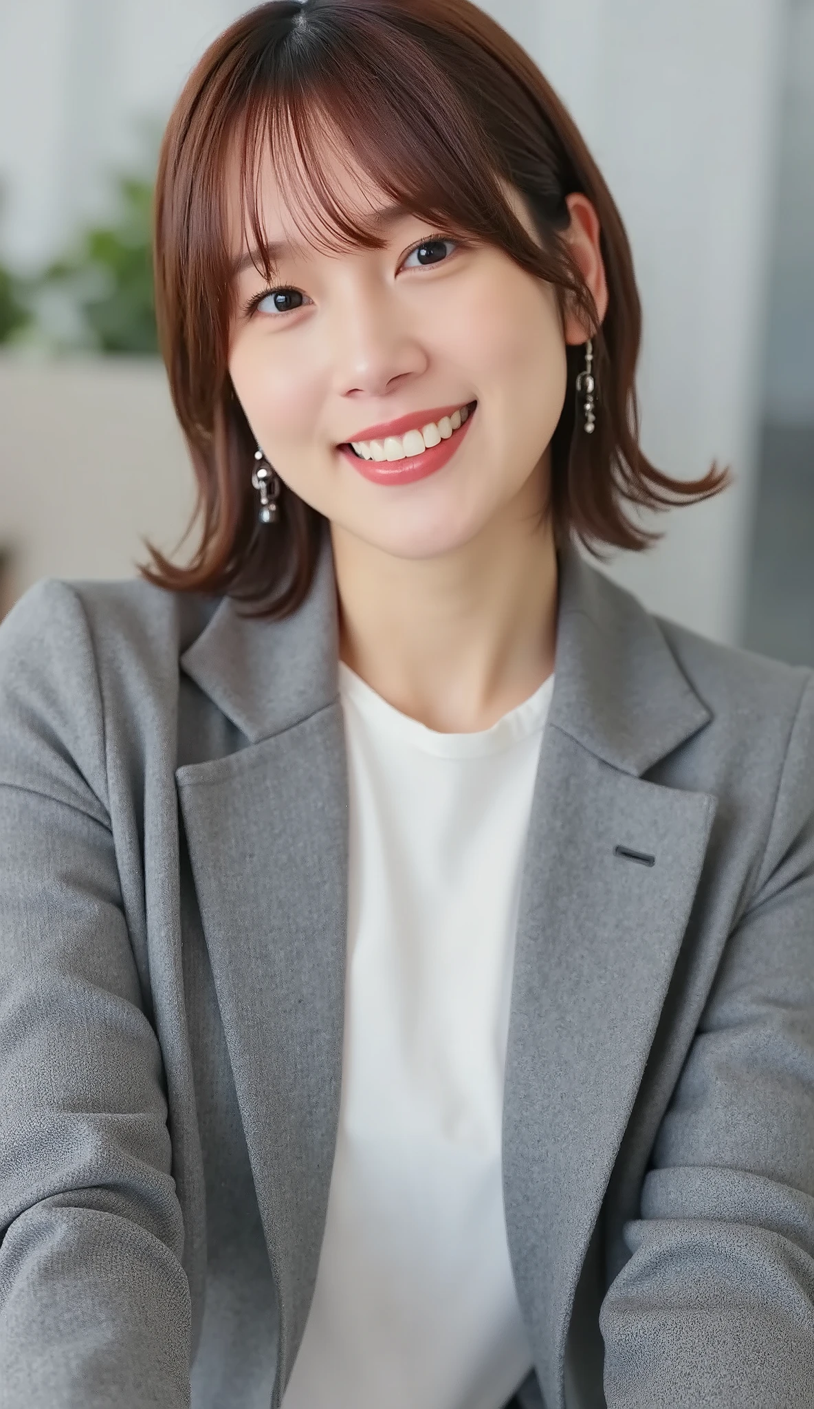 Neat Young Woman、and look at the camera、office lady suit、jacket、shirt、necklace、ear piercing、黒髪、、smile showing teeth、背景はオフィス
