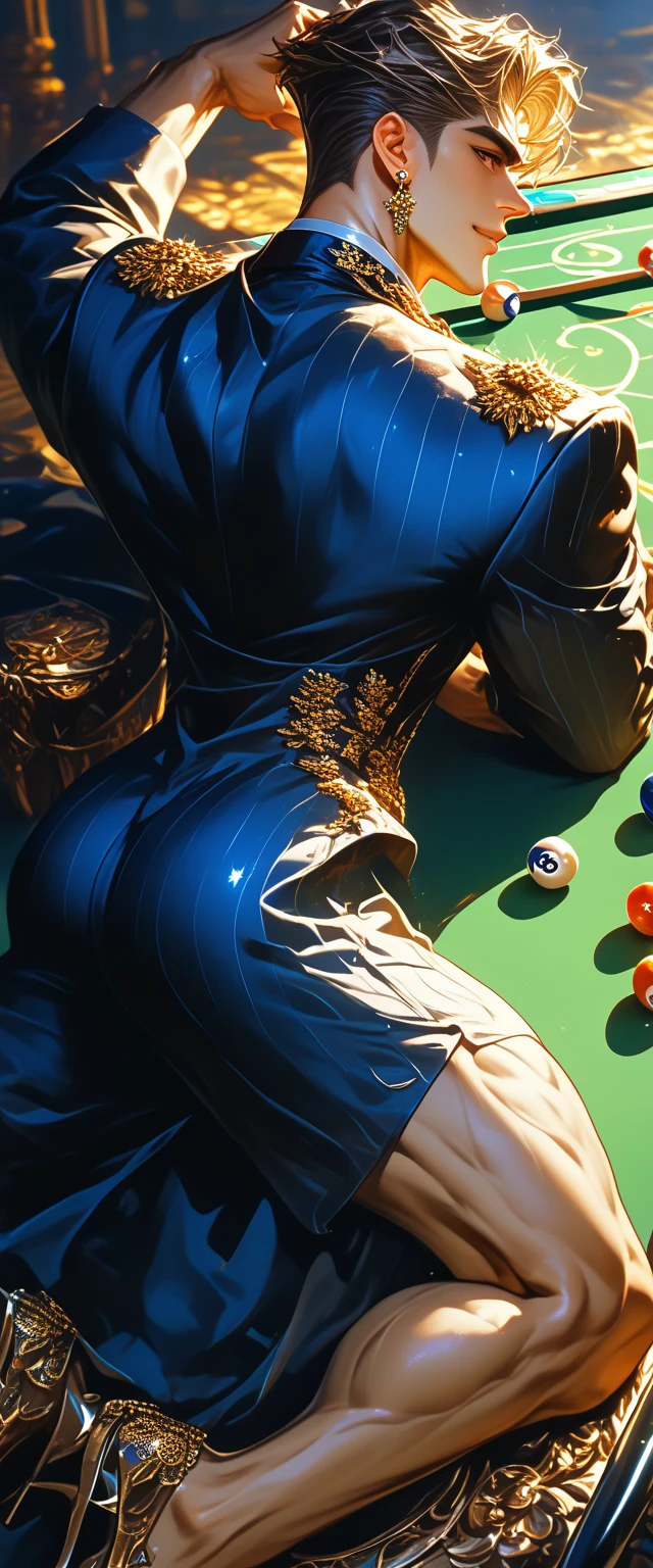 score_9, score_8, score_7_up, A sexy female cyborg playing billiards, bending over seductively to sink the ball, as horny butches watch hungrily, dimly lit by diffused cigar smoke, the air thick with alcohol and masculinity, the men undressing her with their eyes, desperately wanting to take her right there on this big billiard table. in a perverse way