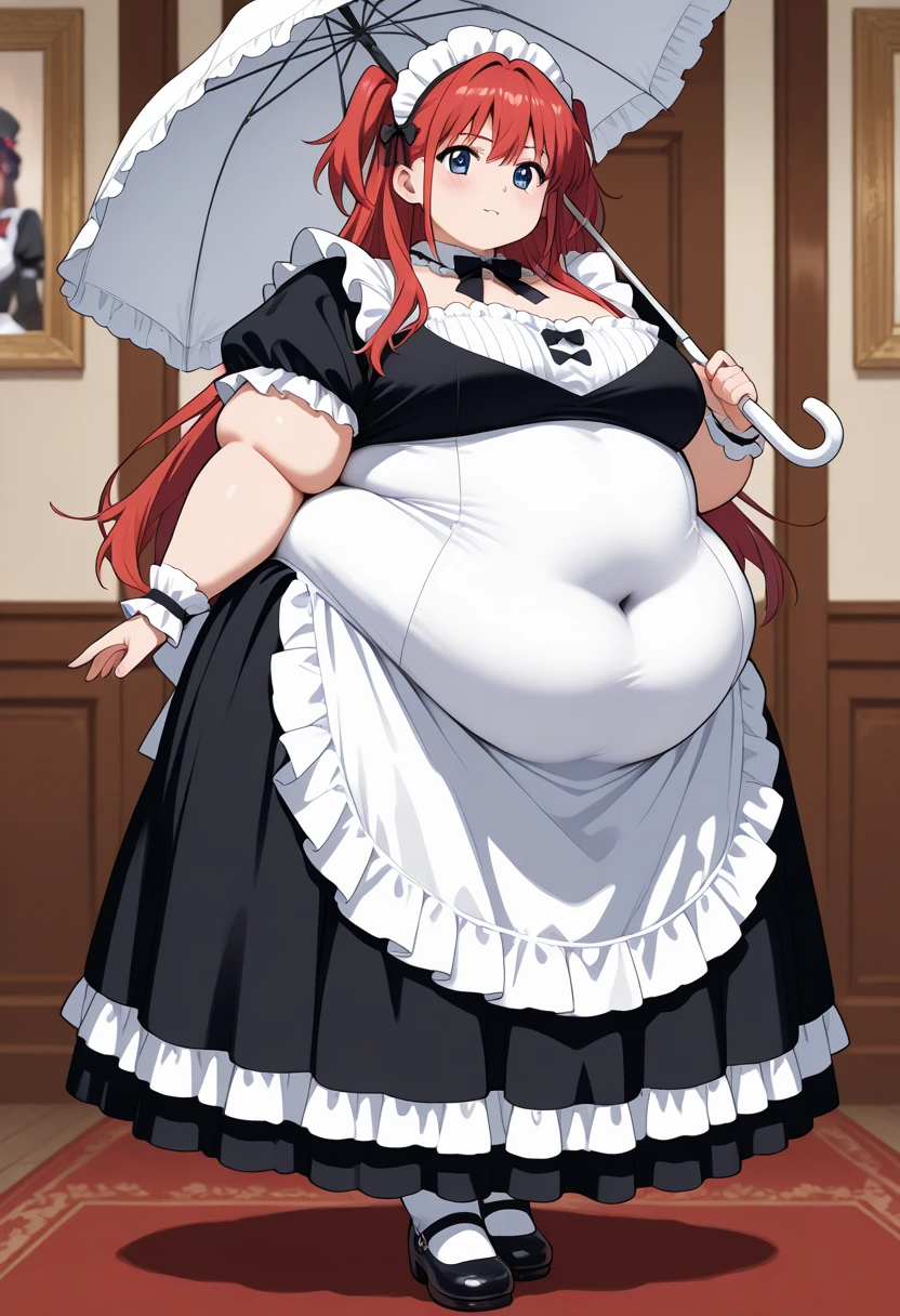 (Morbidly obese:1,1)1girl, solo(masterpiece, best quality:1.4), illustration, 8k, hd, 1girl, solo, short_messy_hair, red_hair, dress, white_thighhighs, no underwear, short_sleeves, frills, apron, brown_eyes, cleavage, metal_collar, anchor_choker, maid, white maid, ((big breast, angry, delinquent, bully, piercing, smirk)), (restaurant, maid cafe) Round face, double chin, fat chin, fat cheeks, fat neck, round face, SSBBW, flabby arms, round face, double chin, fat double chin, big double chin, fat neck, chubby cheeks, fat thighs, fat calves, morbidly obese, flabby , giant , large belly, obese, fat face, belly, double chin, obesity, flabby breasts, fat arms and legs, fat everything,