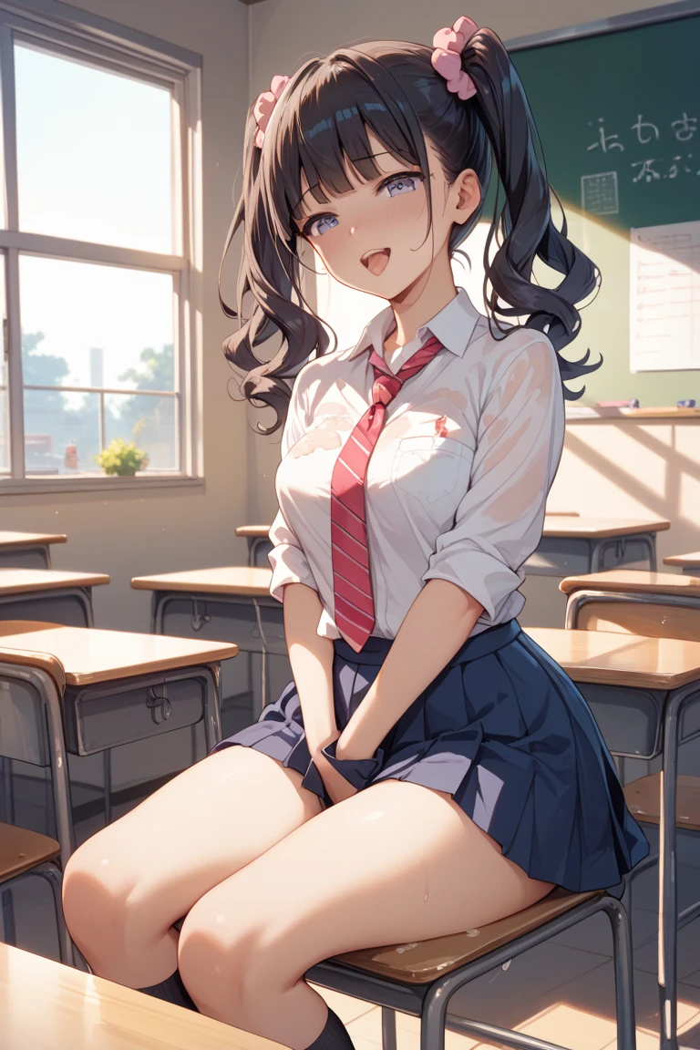 1girl,23yo.strawberry print panties ,.classroom brown eyes, brown hair, cardigan, female pubic hair, full body, gyaru, hair ribbon, lips, loafers, long hair, looking at viewer, panties, plaid, plaid skirt, realistic, red ribbon, , shirt, short sleeves, simple background, sitting, skirt, skirt lift, smile, solo, spls, standing, striped, white neckerchief, white shirt.