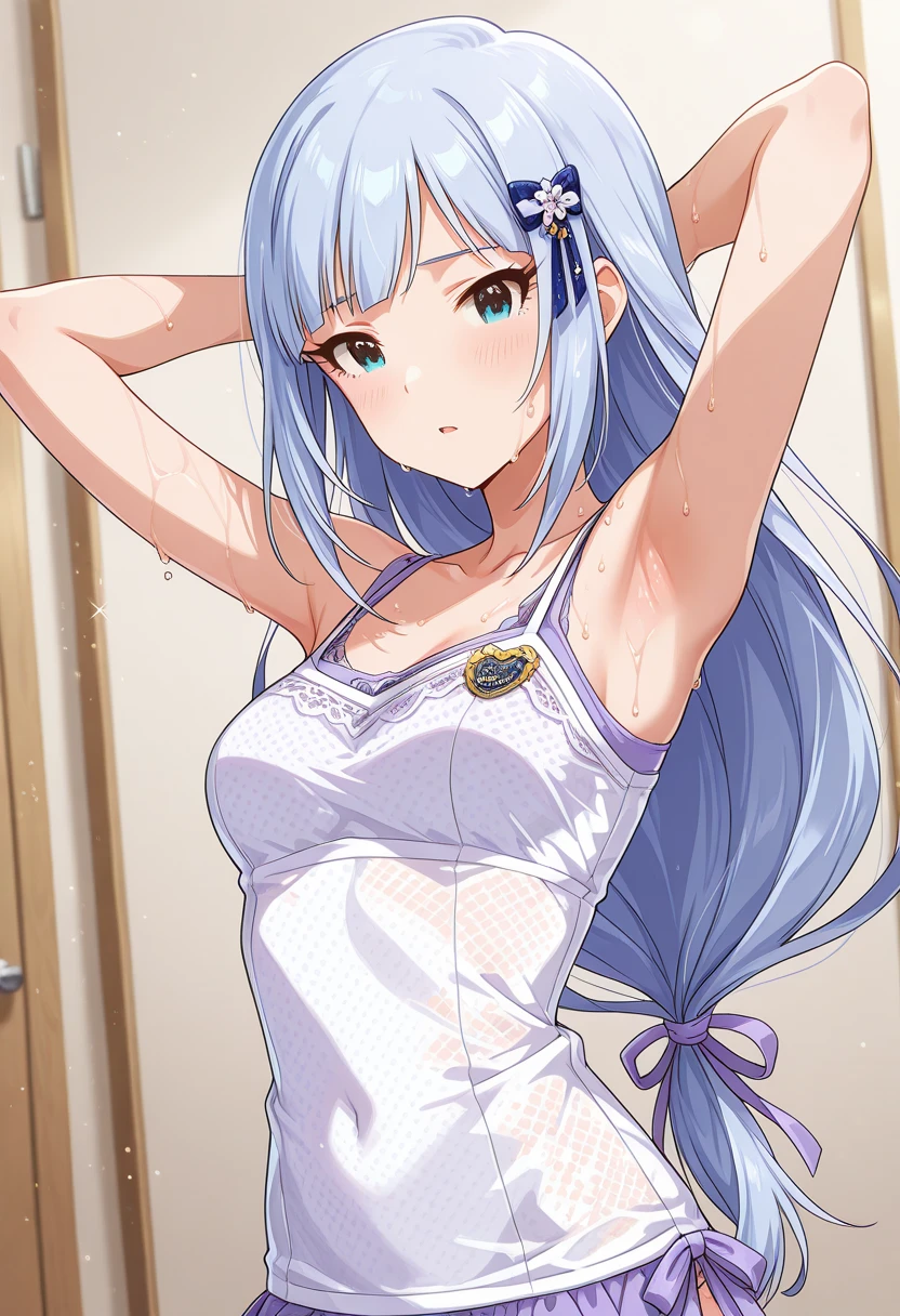 One girl, Purple eyes, Blue Hair, Twin tails, Side Lock, Long Hair, very Long Hair, bangs, medium breastst, expensive body, Long legs, smile, (white camisole), (white side tie panties), bangs, Mouth closed, looking at viewer, front view, cowboy shot, sitting on floor, put hands on hips, indoor