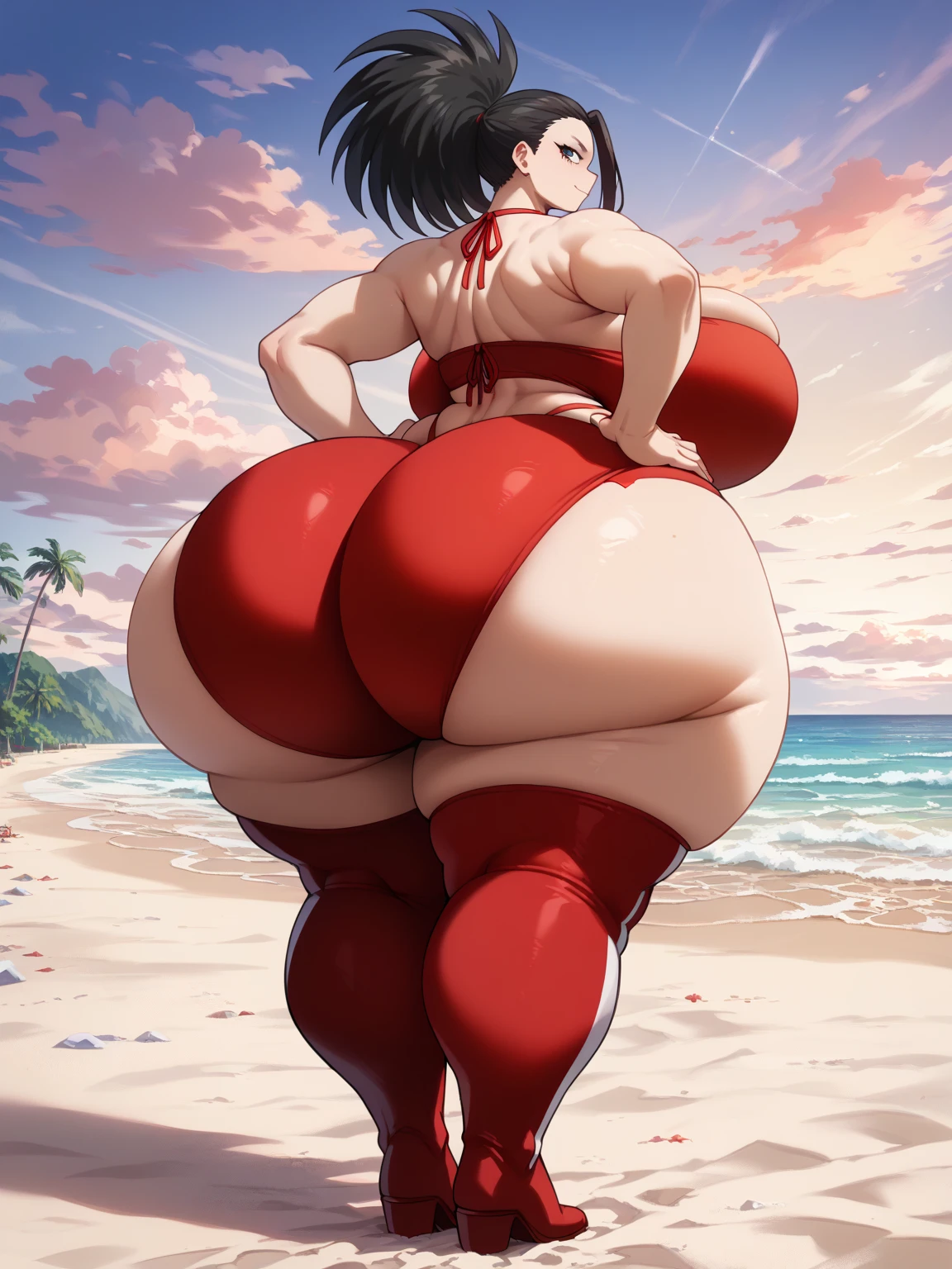 Big beautiful woman in a swimsuit, hands on her butt, cupping her buttcheeks, evil smirk, view from behind, looking at viewer