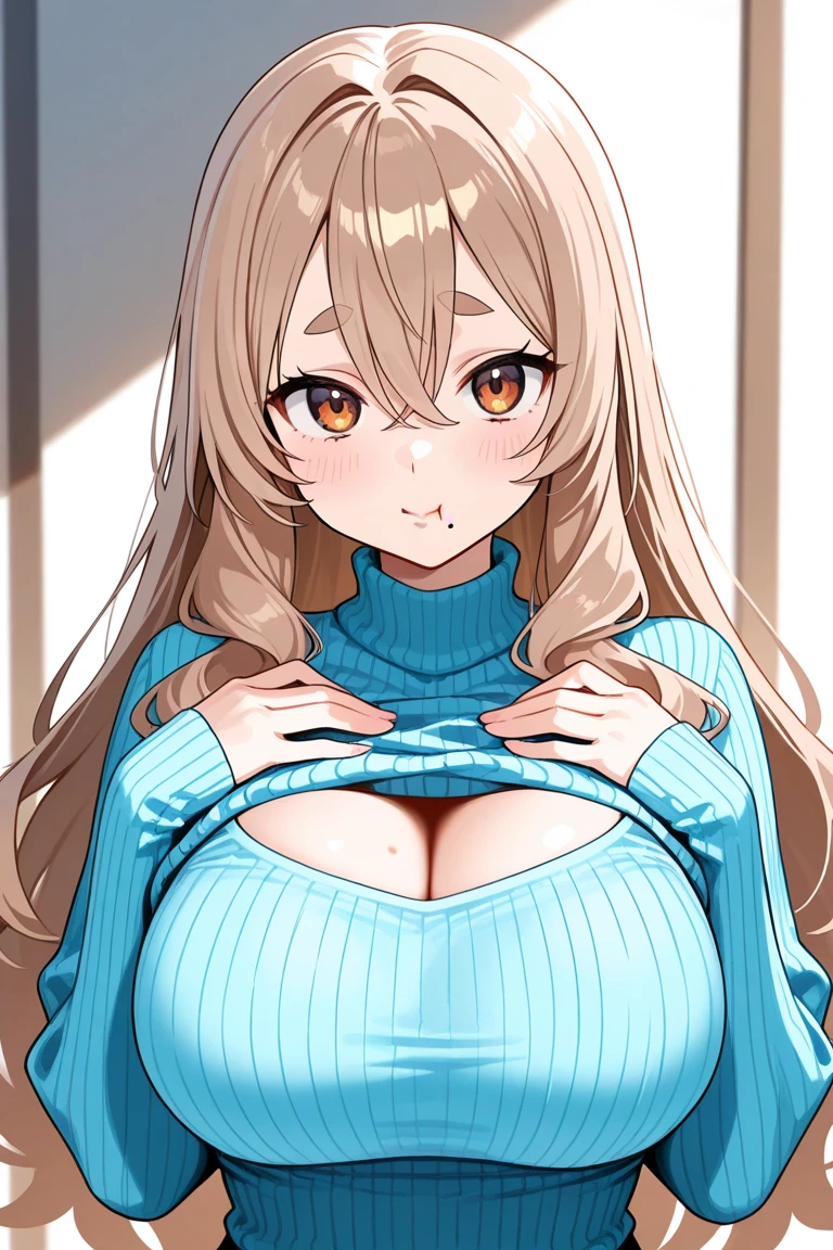(Highest quality、Masterpiece、Very detailed、8K)、One Woman、18-year-old、Big Breasts、Virgin-killing sweater、(indianstyle)、((sitting cross-legged))