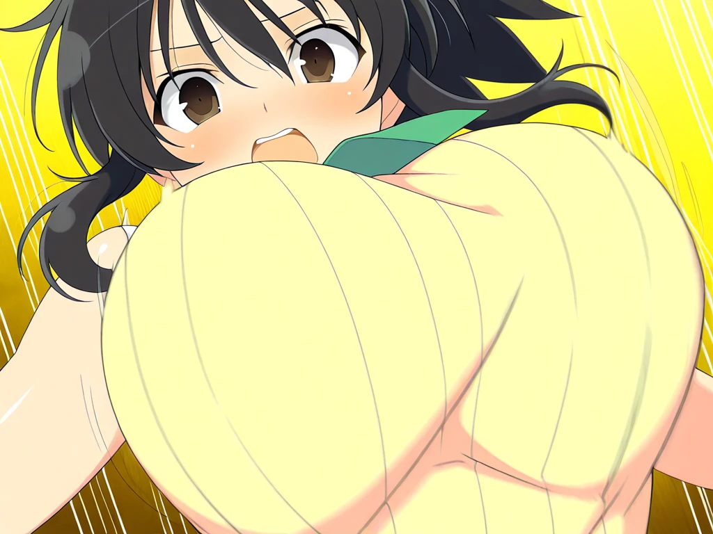 ahegaoでパイズリするSasaki Kanna, Yellow Tank Top, Underboob, Sweat, Black hair twin tails, Big Breasts