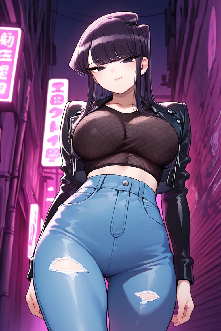 masterpiece, best quality, risky, blue skin, purple hair, purple eyes, 1girl, solo, standing, black t-shirt, white shirt, blue jeans, belt, lipstick, large breasts, layered sleeves