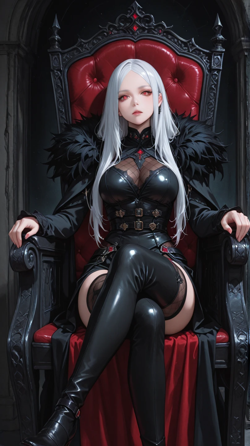 ((Highest quality))、((Very detailed))、(Huge breasts:1.4)、(Detailed eyes:1.4)、(Random seduction poses)、(20 year old beauty)、(American Supermodel)、Platinum Blonde Hair、(Black Little Devil Cosplay:1.4)、smile、Crossing your legs、Throne、(the distance is close)、Looking up