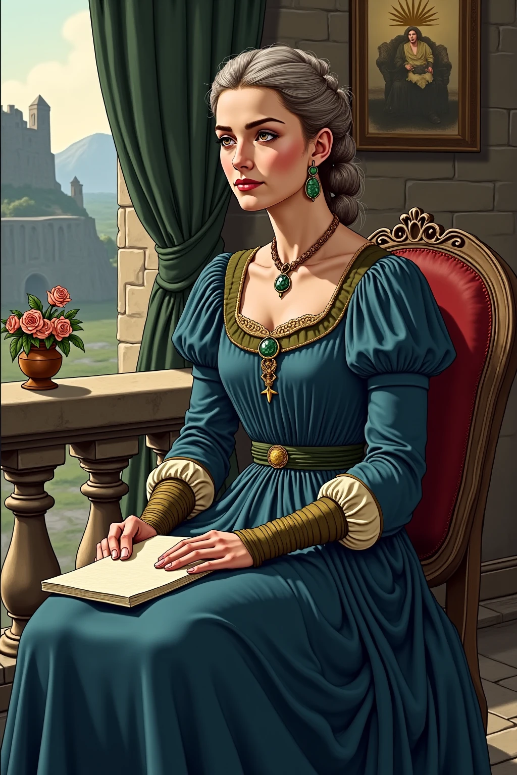 Marie Anne lenormand, white woman with black curly hair, vestida con tunicas de colores claros, sentada en meson leyendo el tarot a Napoleon Bonaparte, en el fondo una gran biblioteca medieval ,Beautiful line art photo,Use gold strokes and rainbow paint,Golden Maiden,the golden ratio,Melted wax,Visible brush strokes,surrounded by crystal spheres,3D Mosaic Wireframe,neuroimaging,neurons,colours,california,intense emotion,oil on canvas,Thick strokes,insanely details,8k ultra high definition,tmasterpiece,art station