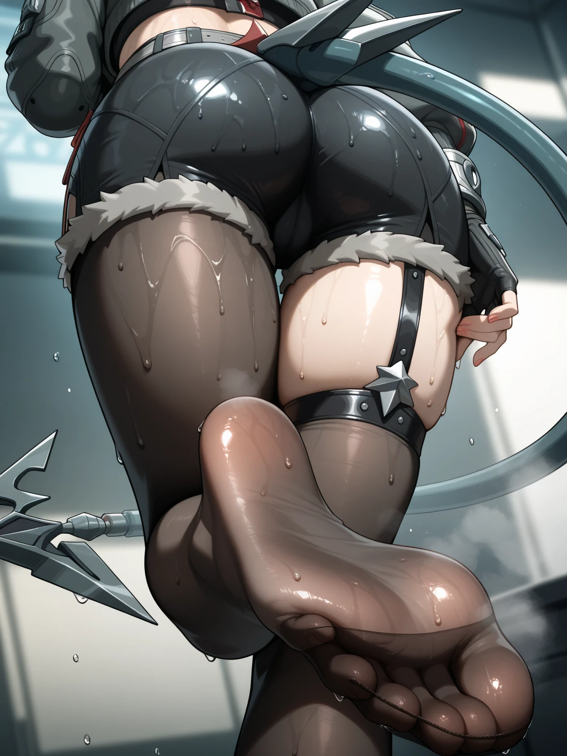 Huge like really huge and ass in tight clothes her pussy is showing and it's really wet and she is getting ready for sex