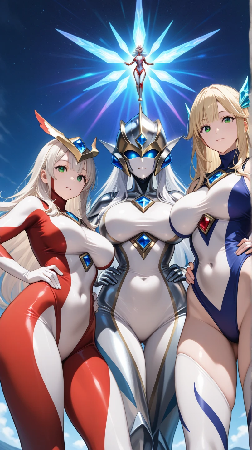 Masterpiece, 4girls, wearing same style diferent colour, beauty and cute, high detailed, dinamic lighting, vivid colours, ultra large saggy breasts, massive cleavage exposed, A giant spacecraft navigating interstellar space, Sophisticated design, huge geometric figures stacked in layers,standing, white skin, blue eyeballs, blonde hair, happys, various hair styles, harem, perfect eye