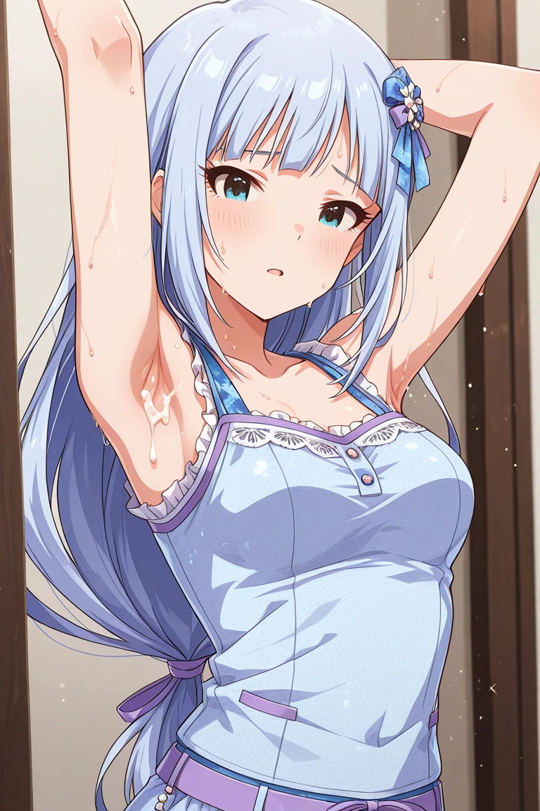((masterpiece, best quality)), high resolution,ultra detailed,8k,16k,detailed background, perfect lighting,detailed beautiful eyes, (1girl,solo:1.4),embarrassed,blush,show off nipple,steam,sweat,wet,in heat,wavy mouth,closed mouth,confused,look at viewer,face focus,(from above:1.2),(front view:1.2),(upper body),provocative eyes,fisheye lens,be breathless,(cum on armpits,show off armpits,camisole:1.1),open mouth,tearslender,fair skin,small breast,sagiri_izumi,pink hair_ribbon,cute_room
