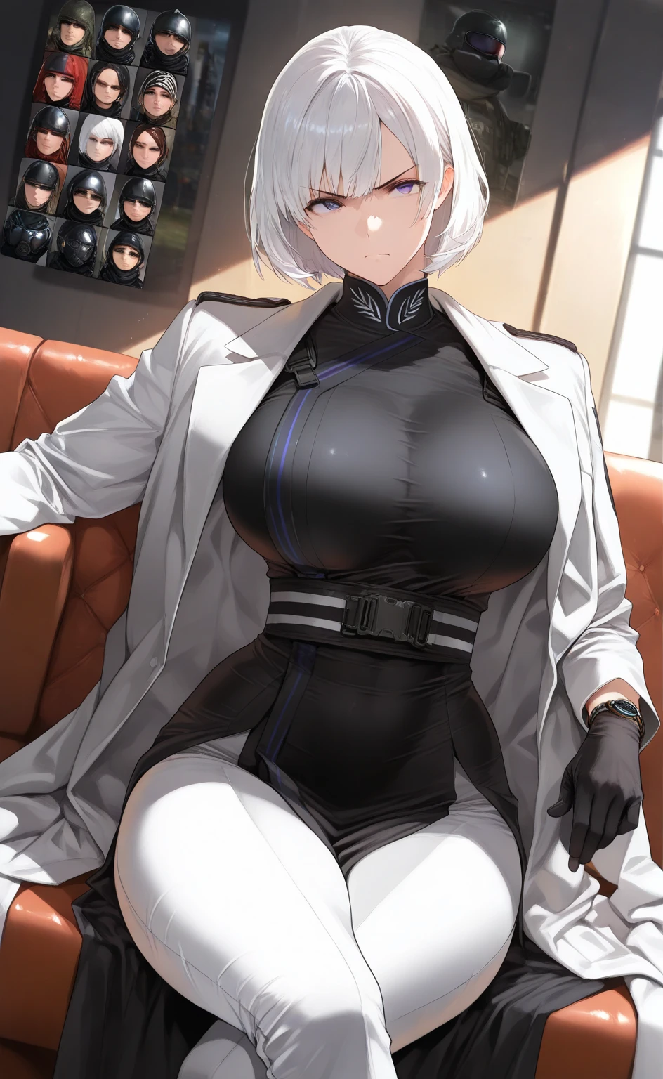 score_9, score_8_up, score_7_up, score_6_up, score_5_up, BREAK, 1girl, 1boy, dark skinned male, huge penis, penis awe, huge breasts, hellsing, freckles, white pants, long sleeves , sitting, |{{{smug}}}, pattren detailed wallpaper, night time, smug expression, head tilt, looking to the side, gigantic breasts, breast focus, boob window, , Detailed face, Detailed blue eyes, Detailed face, blue eyes, perfect eyes, perfect face, ikuchan, hair over eyes, closeup, indoors, couch, spreading legs, lying on side, lying on couch, laying on side, feet, spreading legs, cameltoe, muscular male