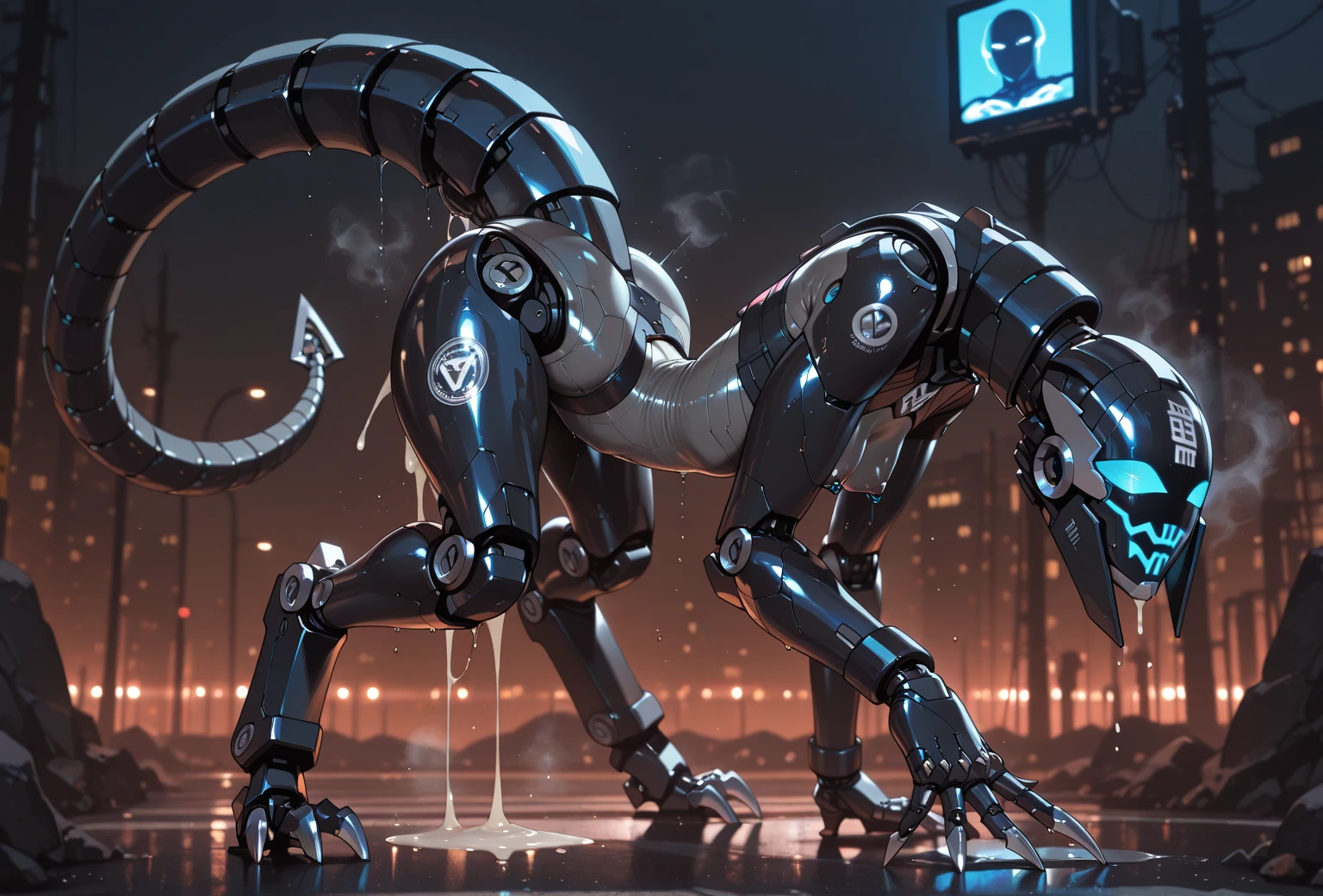 male, (human body, muscular, full nude, only Glowing cyberpunk future helmet, only skinny Transparent fundoshi, covered semen,) realistic, On all fours, Side angle